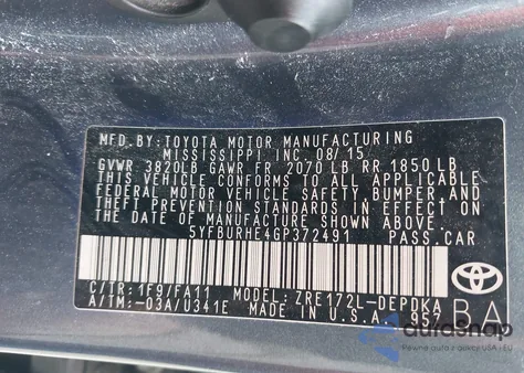 2016 Toyota Corolla L z USA, uszkodzony, nr VIN 5YFBURHE4GP372491